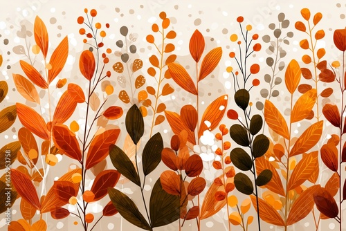 A rich digital illustration featuring various leaves in warm shades of orange, brown, and green. The background has a soft texture with subtle dots, enhancing the autumn vibe.