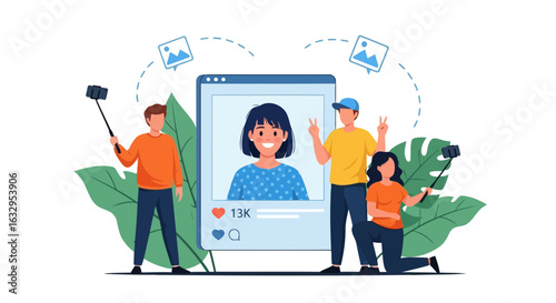 Vector art of people taking selfies with smartphone and selfie stick, sharing content on social media platform with likes and profile picture, isolated on white background