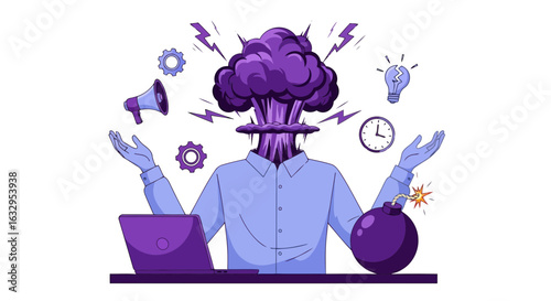 Vector art of man with exploding head symbolizing stress and mental overload from work pressure and deadlines, isolated on white background