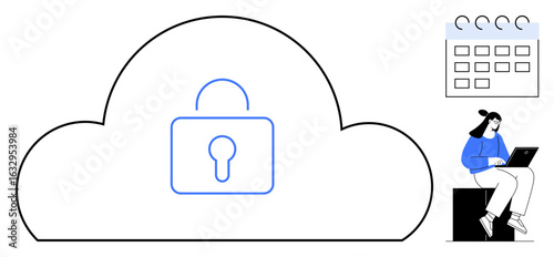 Large cloud design with a central lock emphasizes data security. Adjacent calendar and seated person on laptop portray productivity, planning, remote access. Ideal for cybersecurity, technology
