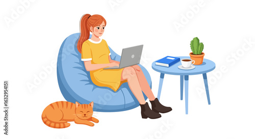 Vector art of young woman working on a laptop while sitting comfortably in a beanbag chair, with her cat resting nearby and a small table with coffee and books, isolated on white background