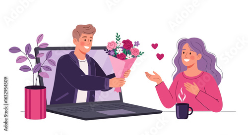 Vector art of man giving flowers to woman through laptop screen, representing online dating and longdistance relationship connection, isolated on white background