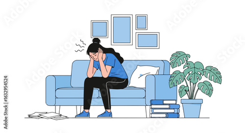 Vector art of young woman sitting on a sofa, holding her head in her hands, looking stressed and overwhelmed, with a plant and books nearby