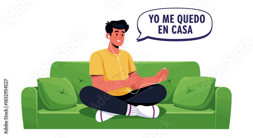 Vector art of young man sitting crosslegged on a green couch, listening to music with earphones, with a speech bubble saying yo me quedo en casa i stay at home, isolated on white background
