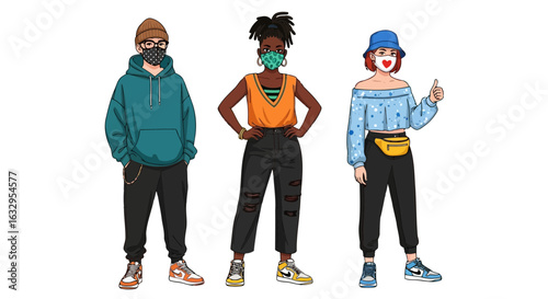 Vector art of three diverse young adults in stylish streetwear and protective face masks, isolated on white background