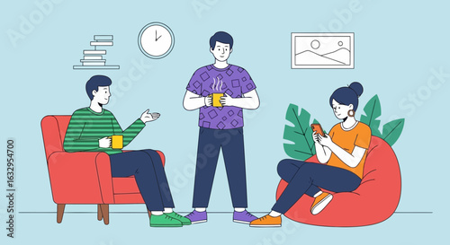 Vector art of three people in a casual setting, two sitting and one standing, engaged in conversation while holding cups, representing teamwork and collaboration
