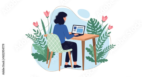 Vector art of woman working on a laptop at a desk with plants and flowers around her, representing remote work or study in a comfortable environment