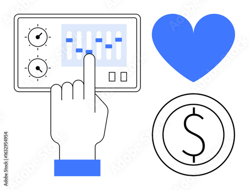 Hand adjusting sliders on a control panel next to a heart and a dollar coin. Ideal for finance, technology, love, charity, management, decision-making, simple landing page