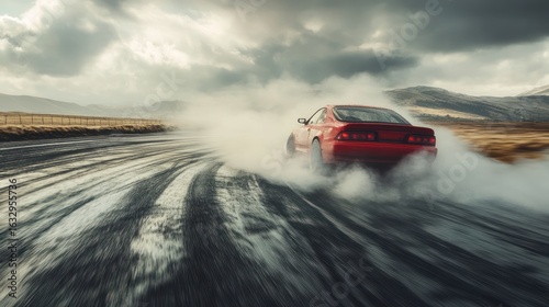 Dynamic drifting: A red sports car unleashing power on a desolate asphalt road
