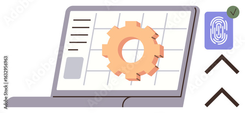 Laptop screen displaying gear over grid, symbolizing process automation with fingerprint access and navigation. Ideal for technology, innovation, security, development, management, progress, simple