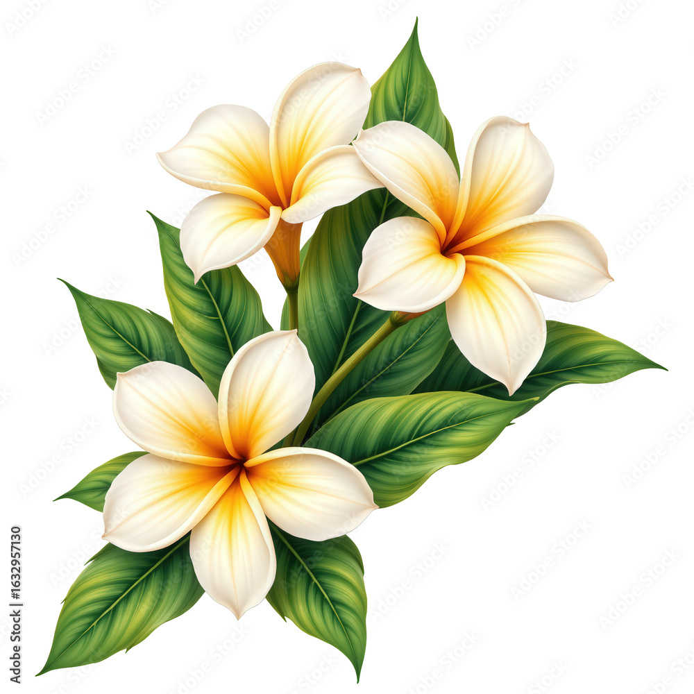 Fototapeta premium Beautiful Plumeria Flowers with Green Leaves on a Transparent background