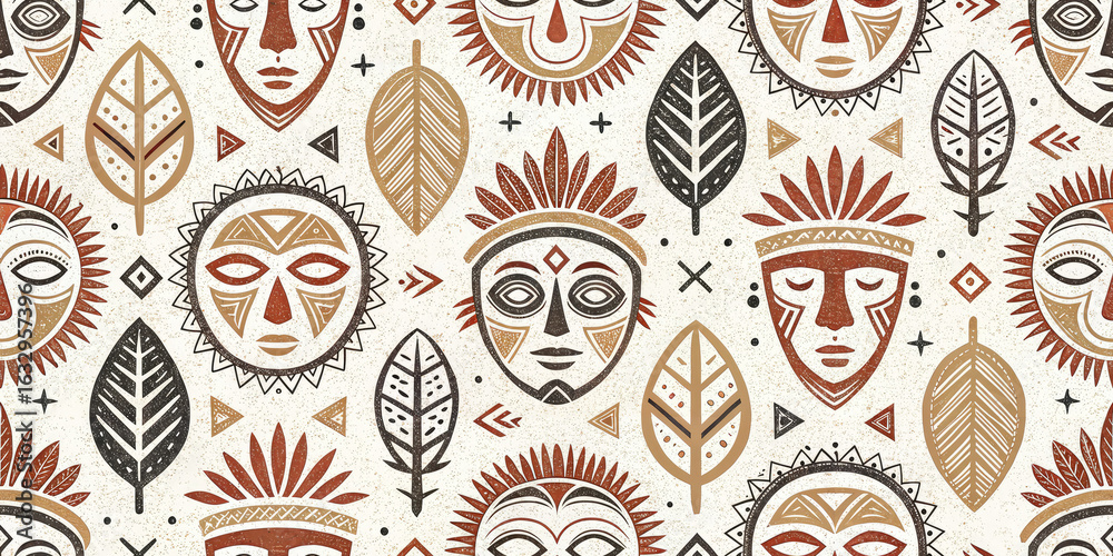 Naklejka premium Experience vibrant tribal mask patterns and natural leaf motifs for a truly unique cultural aesthetic.