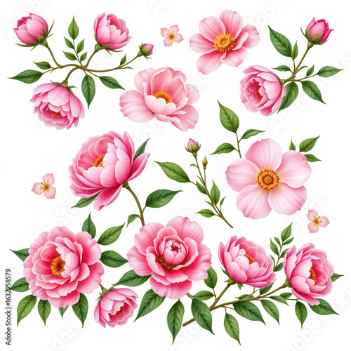 Beautiful Pink Flowers and Blossoms on Transparent background Design