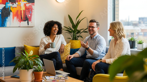 Group of three Asian coworkers laughing together in casual creative office corner showing joy and workplace culture