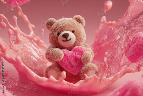 Cute teddy bear holds pink heart surrounded by vibrant splashes of liquid on a soft pink background