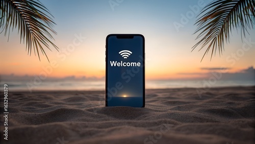 Smartphone with wi fi signal on a beach at sunset