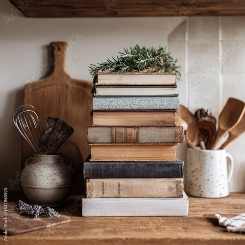 A stack of cookbooks arranged on a wooden kitchen shelf.