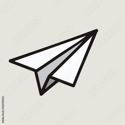 A simple illustration of a white paper airplane in flight, depicted with bold black outlines.