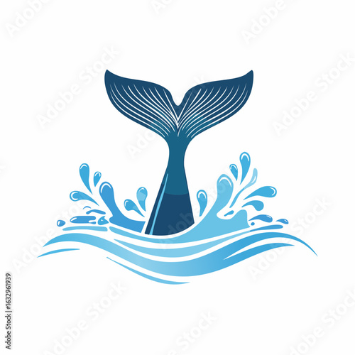 A stylized illustration of a whale's tail emerging from splashing water.