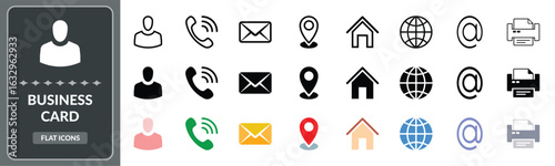 Business card icon set. Set of Contact, business cards and communication - Stock Vector