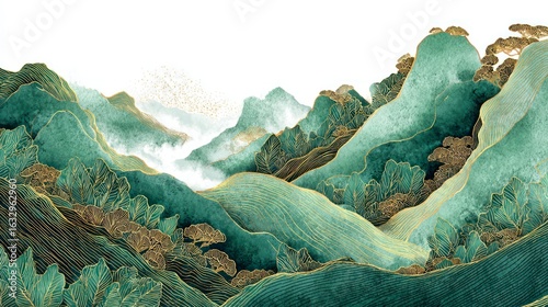 Artistic depiction of mountains, featuring teal and gold colors, with clouds