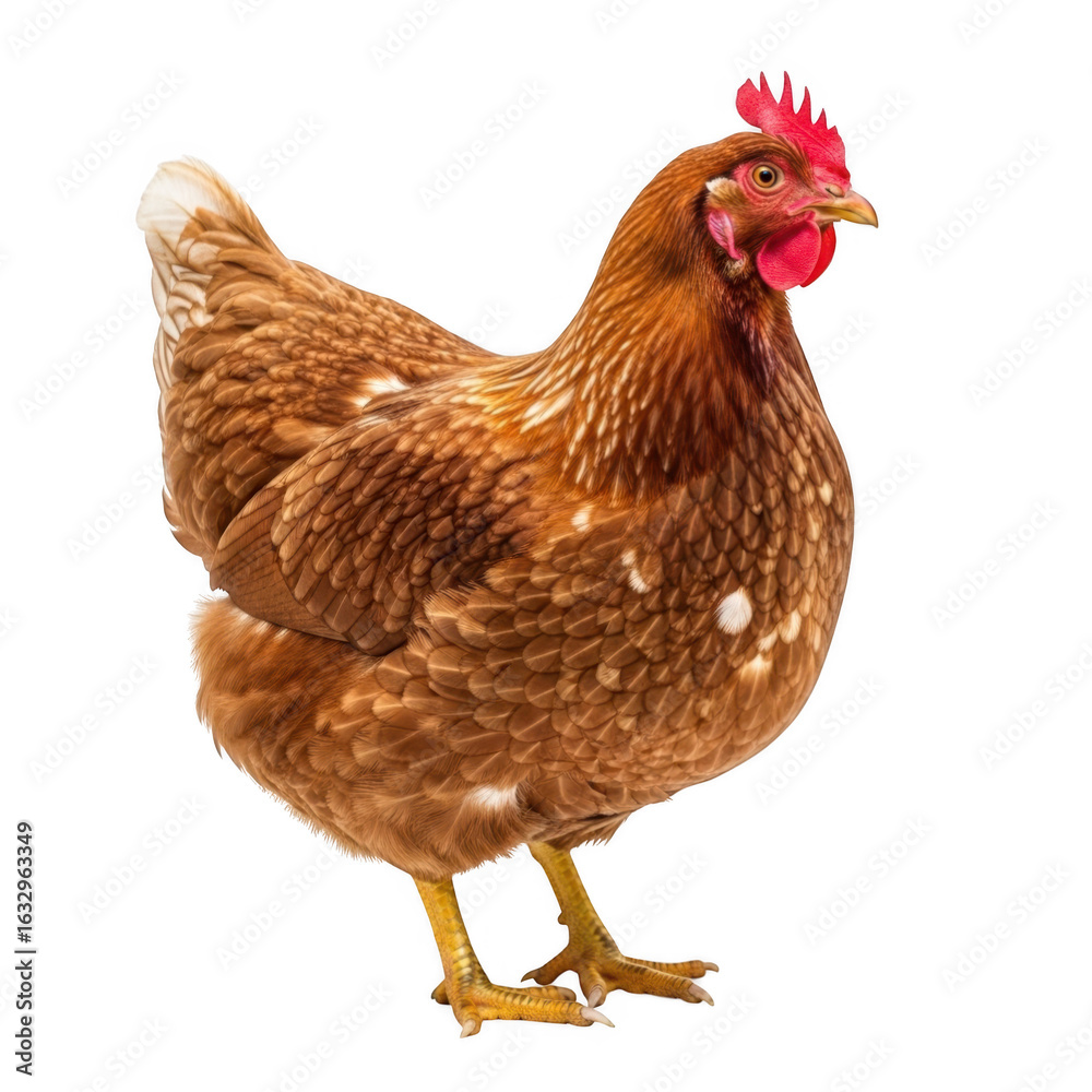 Fototapeta premium A brown hen with white speckles isolated on transparent background