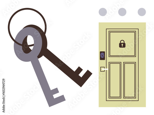 Two keys on a keyring beside a locked door with a keypad and security lock. Ideal for security, access, privacy, protection, home safety, technology, trust, simple flat metaphor