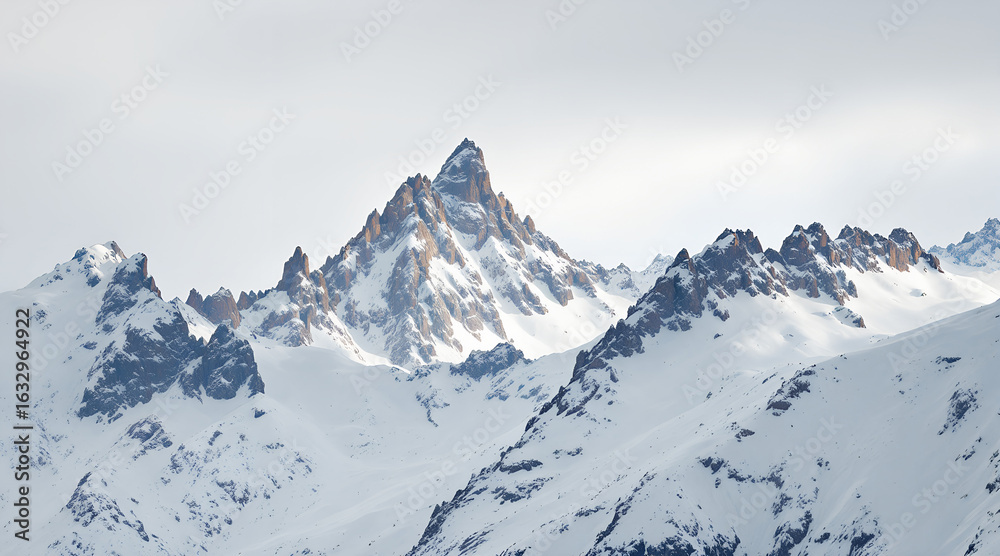 Obraz premium Majestic snow covered mountain peaks piercing the sky under a bright cloudy day