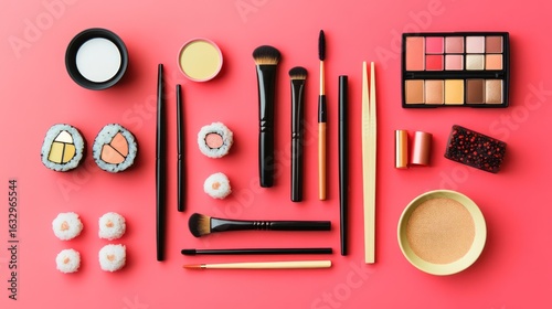 Pink background, sushi makeup flatlay, cosmetic brushes, eyeshadow palette