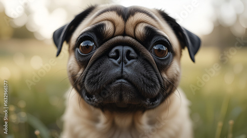 close up of a pug dog's face