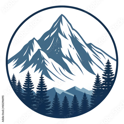 Majestic snow capped mountain peak surrounded by dark pine trees in a circular emblem against a black background