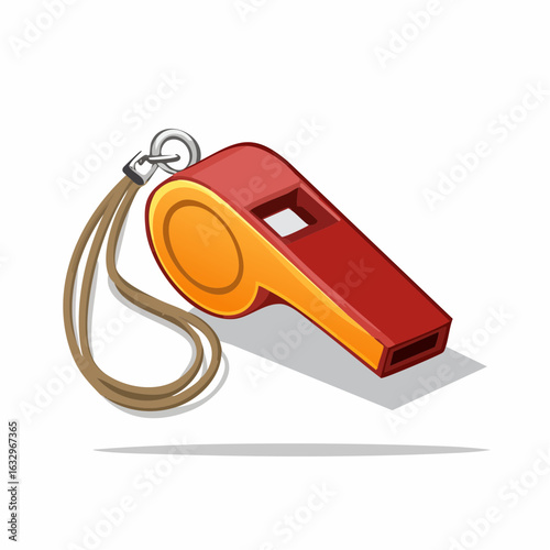 A red and orange whistle with a brown lanyard, illustrated in a cartoon style.