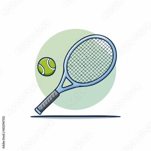 A tennis racket and ball, ready for a game, illustrated in a playful cartoon style.