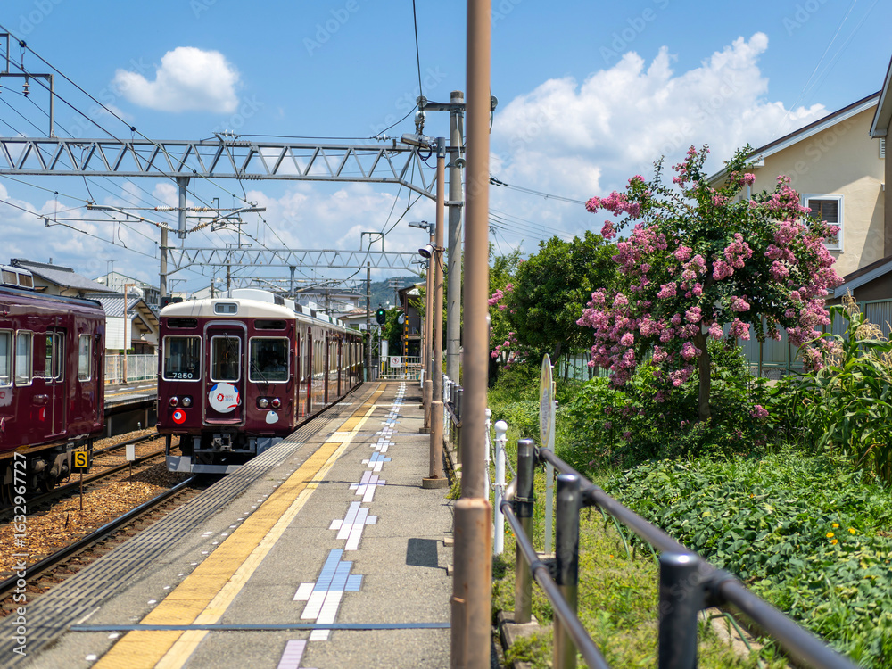 Obraz premium 駅に到着する能勢電鉄の電車