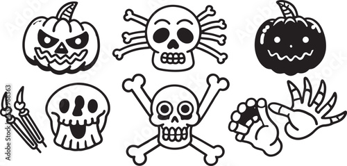 Black and white Halloween icons featuring pumpkins skulls and bones crossbones jack o lantern