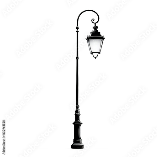 Wallpaper Mural A vintage street lantern with ornate design, featuring a black metal pole, curved hook, and glass shade, isolated on white background. Torontodigital.ca