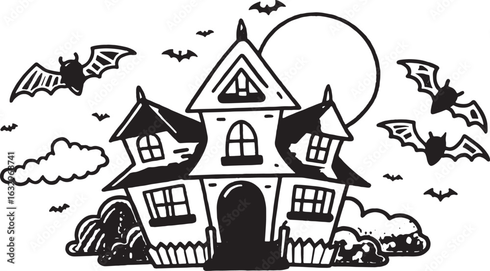 Fototapeta premium Black and white illustration of a haunted house with bats and clouds halloween night
