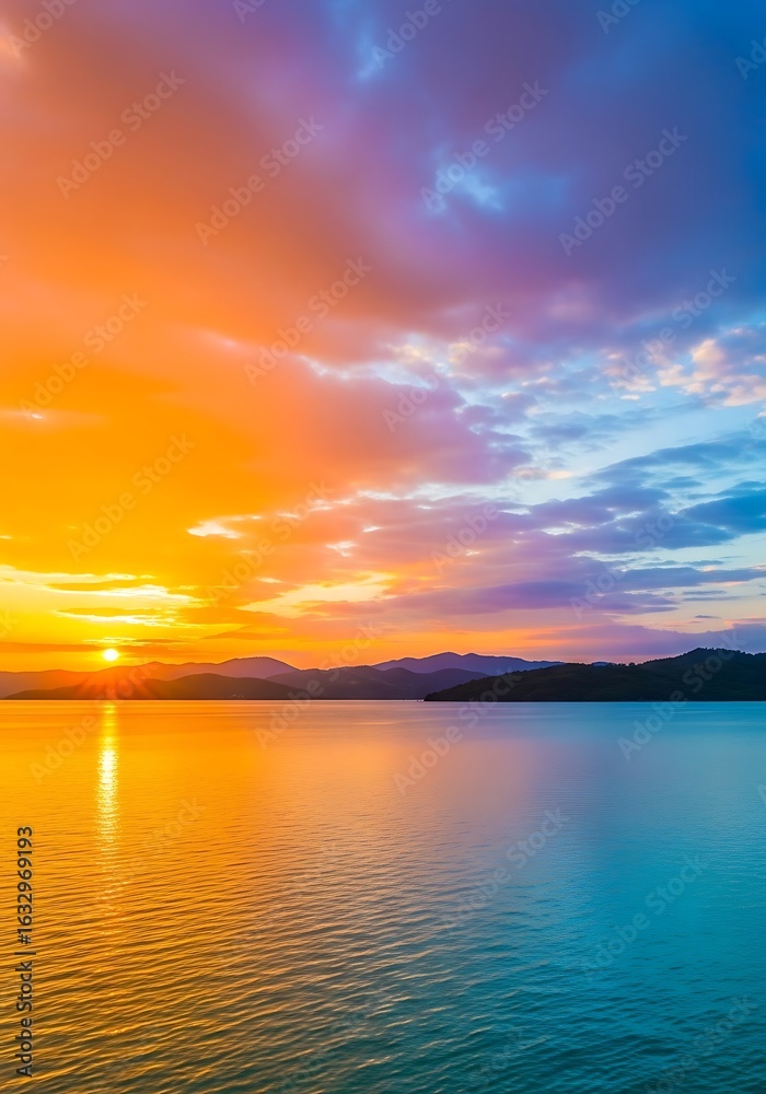 Naklejka premium Colorful sunset over the lake with reflections on the water surface