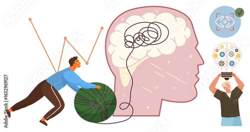 Person untangling ball of yarn near brain silhouette, another holding glowing innovation lightbulb. Ideal for problem-solving, creativity, innovation, mental clarity, strategy, self-improvement