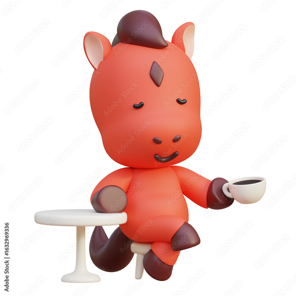 Fototapeta premium holding coffee cartoon style 2026 new year red horse character 3D graphic