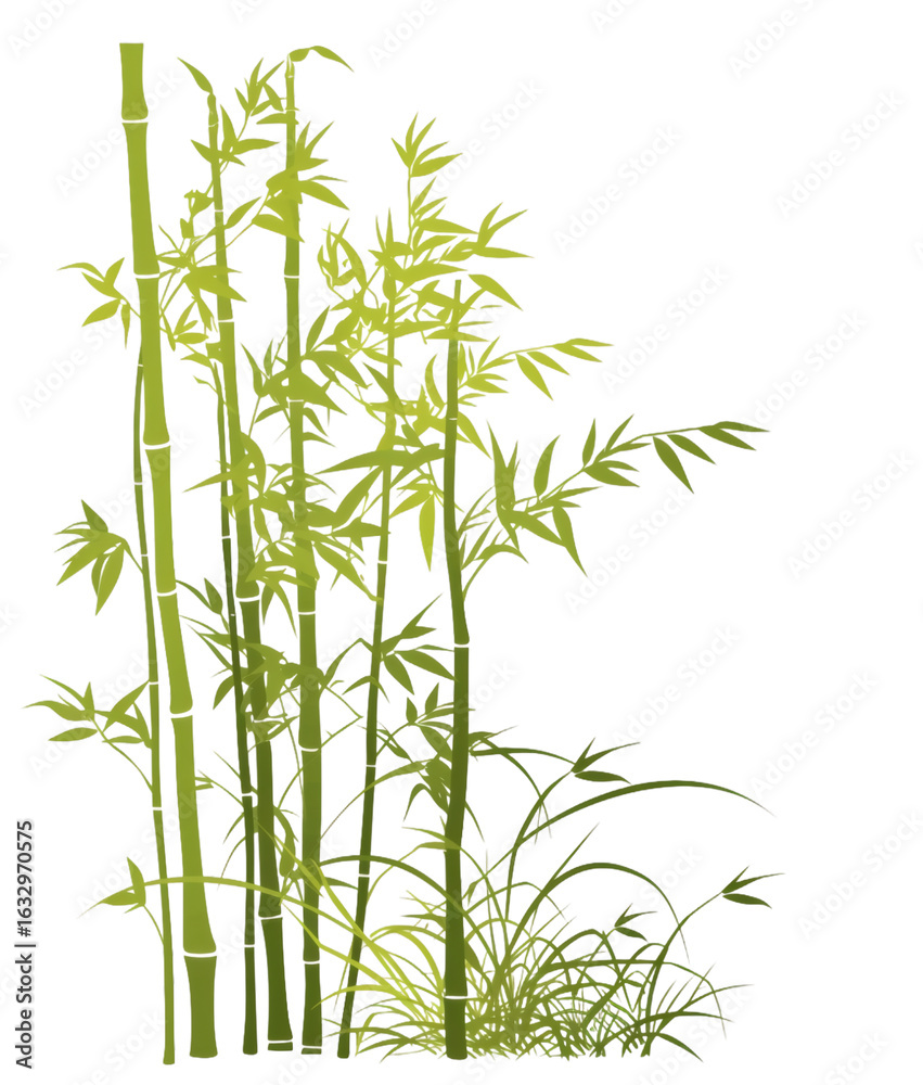Obraz premium A group of bamboo plants with lush green leaves in a natural setting, showcasing vibrant vegetation and organic beauty.