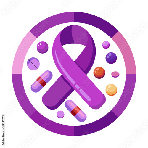 Purple Awareness Ribbon with Pills for Overdose Prevention Isolated Vector