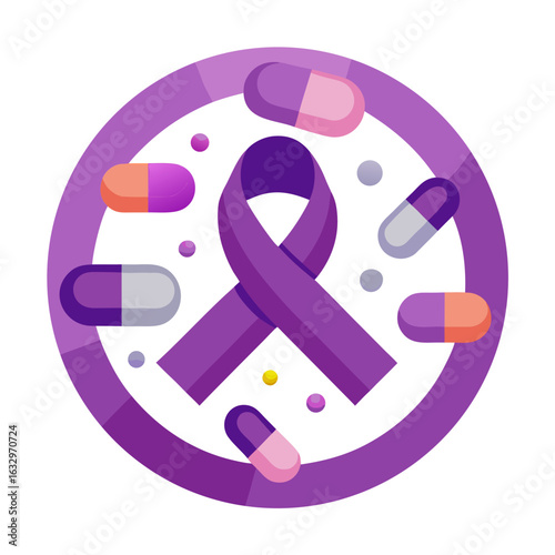 Purple Awareness Ribbon with Pills for Overdose Prevention Isolated Vector