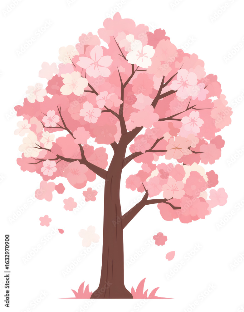 Fototapeta premium A vibrant cherry blossom tree in full bloom with soft pink flowers and falling petals, representing spring's beauty and renewal.