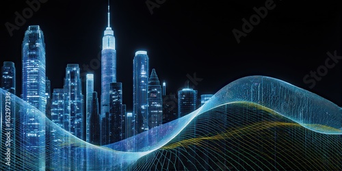 Futuristic Cityscape with Digital Wave Overlay