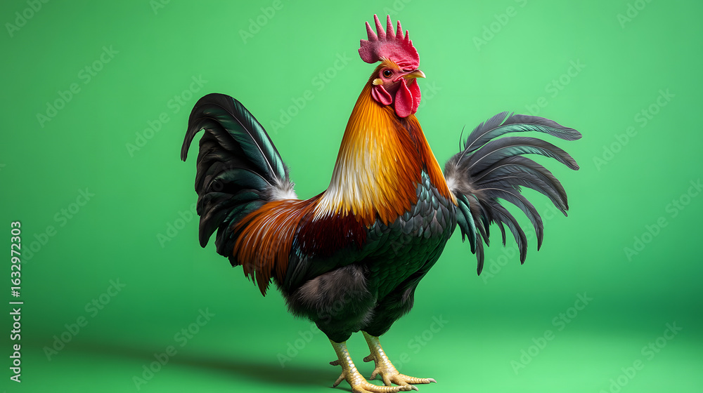 Fototapeta premium rooster standing tall on green screen