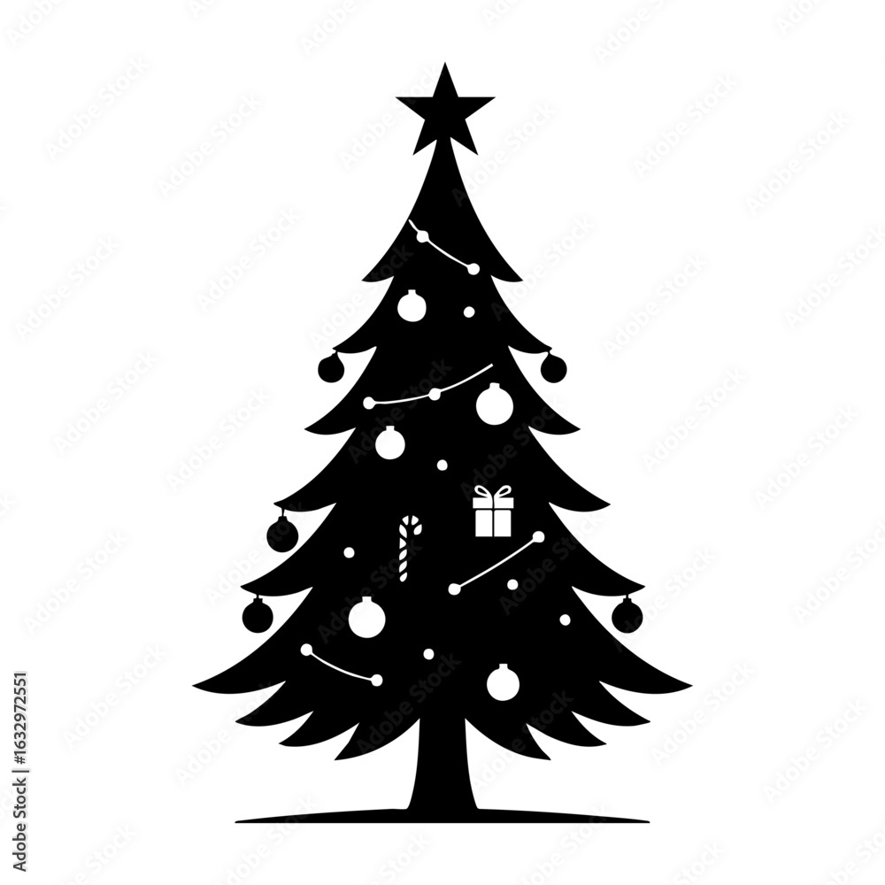 Obraz premium Elegant Christmas Tree Silhouette: A timeless, minimalistic silhouette of a decorated Christmas tree, adorned with ornaments, twinkling lights, and a star. Evoking the spirit of festive cheer.