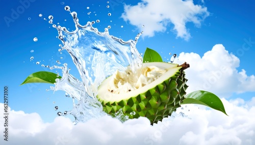 Refreshing soursop splashing into clear water against a vibrant blue sky with fluffy clouds