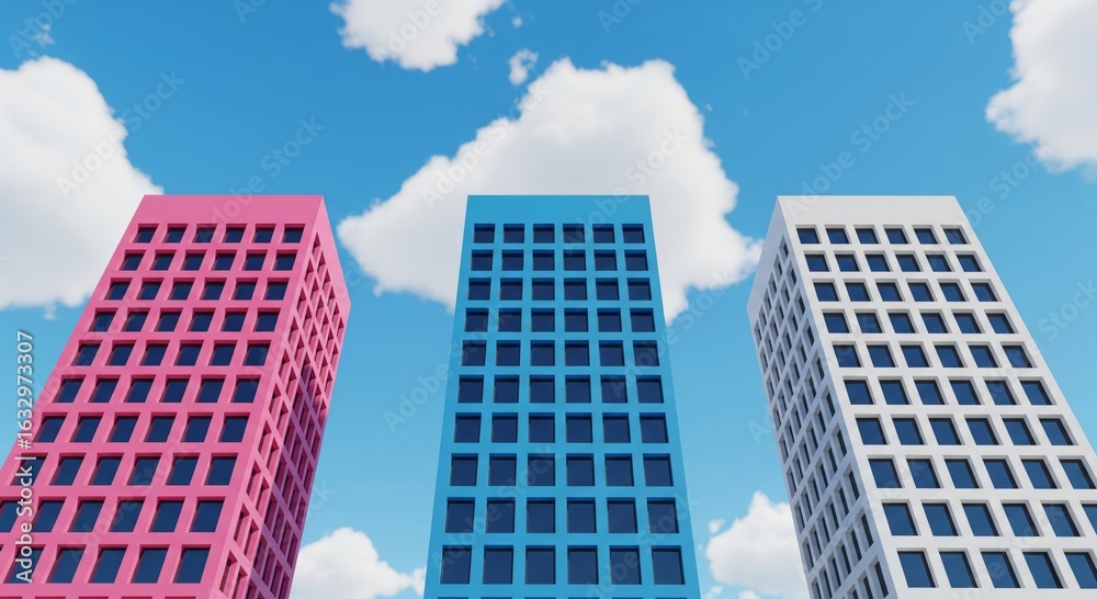 Fototapeta premium Three colorful skyscrapers stand tall under a bright blue sky filled with fluffy white clouds a modern urban landscape featuring distinct architectural styles