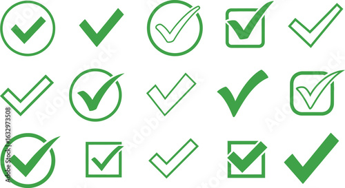 A collection of fifteen green check mark icons in various styles, some enclosed in circles or squares, against a white background.